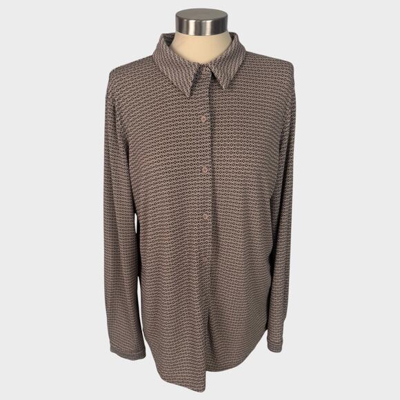 Adrianna Papell Womens Large Button Front Blouse Gray Brown Print - Picture 1 of 8